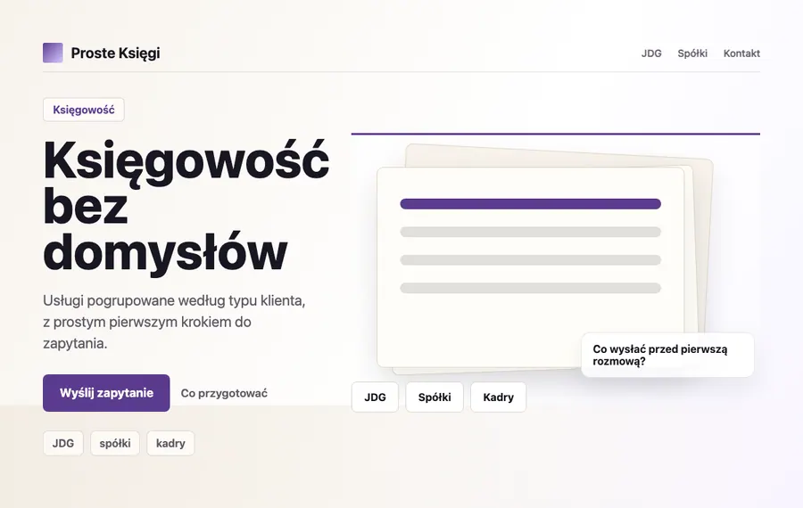 Fictional accounting hero section example for Proste Księgi.