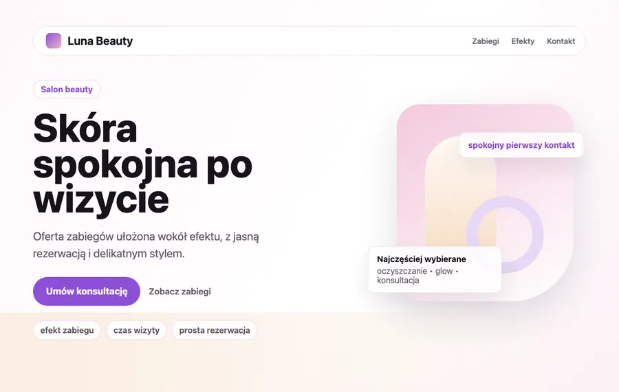Fictional beauty salon hero section example for Luna Beauty.