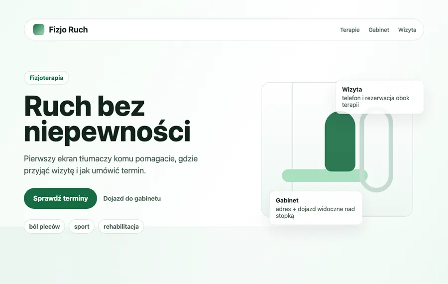 Fictional physiotherapy hero section example for Fizjo Ruch.
